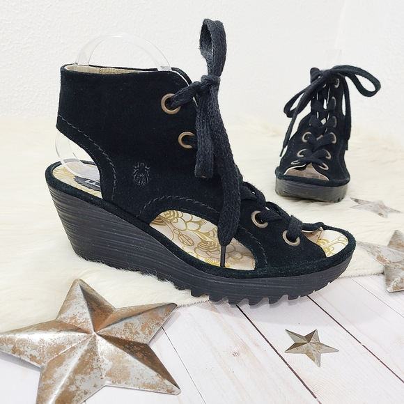Fly London Shoes - FLY London Yaba lace-up wedge sandals black suede leather platform size 39